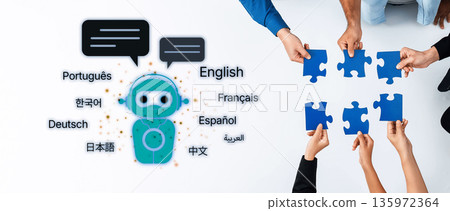 Collaborative Teamwork with Diverse Languages and Puzzle Pieces Representing Communication and Problem Solving in a Modern Business Environment Trope 135972364