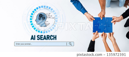 Collaborative Teamwork and AI Technology Concept with Diverse Hands Solving Puzzle and Searching for Solutions on White Background Trope 135972391