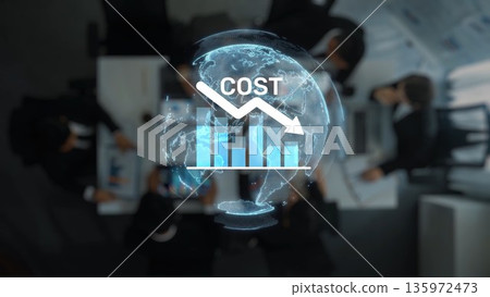 Business Meeting with Global Cost Analysis and Declining Trend Graph overlaid on Diverse Group of Professionals Collaborating in Office Environment. Raster 135972473