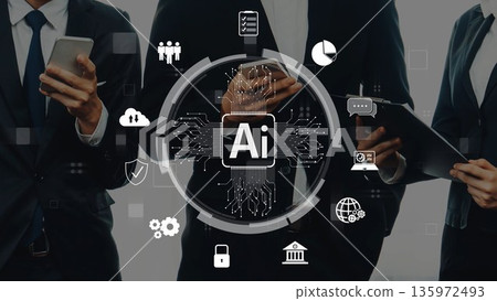Business professionals using smartphones and digital devices with artificial intelligence icons and data concepts in a modern office environment. Raster 135972493