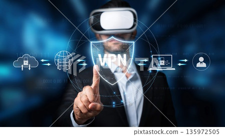 Virtual Reality and VPN Technology Integration with Security Shield and Cloud Computing Background for Digital Safety Concepts. Raster Virtual Reality and VPN Technology Integration with Security Shield and Cloud Computing Background for Digital Safety Concepts. Raster 135972505