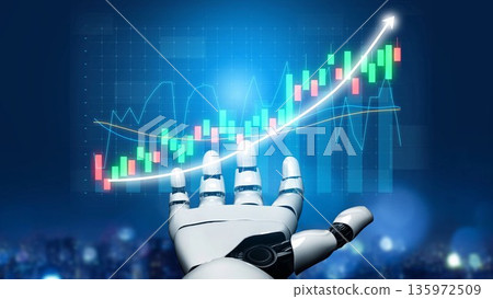 Futuristic Robot Hand Interacting with Financial Graph Showing Rising Trend and Data Visualization in a Modern Business Environment Copula Futuristic Robot Hand Interacting with Financial Graph Showing Rising Trend and Data Visualization in a Modern Business Environment Copula 135972509