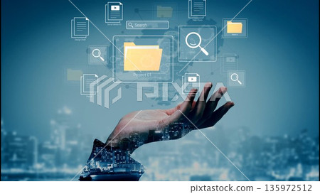 Hand Reaching Towards Digital File Icons and Search Symbols Over a Cityscape Background for Technology and Business Concept Gluon 135972512