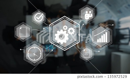 Modern Business Management Concepts with Digital Icons and Workflow Elements Representing Strategy, Growth, and Efficiency in the Office Environment Gluon 135972529