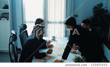 Top view of business team discuss while manager enter meeting. Directorate. Top view of business team discuss while manager enter meeting. Directorate. 135972553