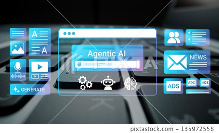 Futuristic Interface of Agent AI with Digital Tools and Interactive Elements Over a Laptop Keyboard, Representing Innovation in Technology and Automation Gluon Futuristic Interface of Agent AI with Digital Tools and Interactive Elements Over a Laptop Keyboard, Representing Innovation in Technology and Automation Gluon 135972558