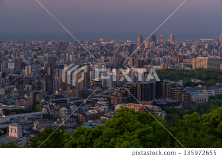 Hyogo Prefecture: Kobe Venus Bridge and Suwayama Park Observatory at dawn Hyogo Prefecture: Kobe Venus Bridge and Suwayama Park Observatory at dawn 135972655