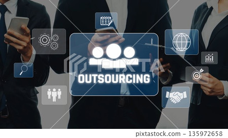 Business professionals discussing outsourcing strategy with digital icons on a blurred background emphasizing teamwork, technology, and growth opportunities.. Raster 135972658