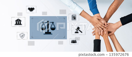 Collaborative Hands Symbolizing Justice and Legal Support with Scales and Icons Representing Law, Governance, and Community Engagement Trope Collaborative Hands Symbolizing Justice and Legal Support with Scales and Icons Representing Law, Governance, and Community Engagement Trope 135972676