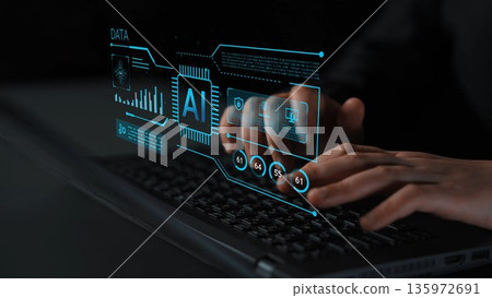 Futuristic Digital Interface with AI Visuals Displayed on Desktop Screen by Hands Typing on Keyboard in a Dark Environment Gluon 135972691