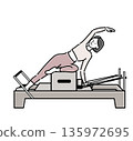 A woman with bob hair in pink clothing stretching her side with machine Pilates 135972695