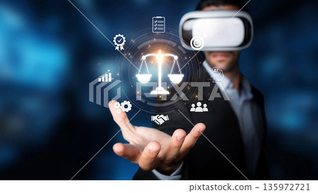 Business professional using virtual reality technology to explore legal concepts and data visualization in a modern setting with balanced scales. Raster Business professional using virtual reality technology to explore legal concepts and data visualization in a modern setting with balanced scales. Raster 135972721