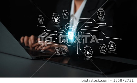 Abstract representation of artificial intelligence technology with data connections and graphs, showcasing digital innovation in a business setting Gluon Abstract representation of artificial intelligence technology with data connections and graphs, showcasing digital innovation in a business setting Gluon 135972731