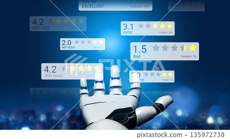 Futuristic Robot Hand Holding Feedback Ratings with Stars and Text Displayed in a High-Tech Environment Gluon Futuristic Robot Hand Holding Feedback Ratings with Stars and Text Displayed in a High-Tech Environment Gluon 135972738
