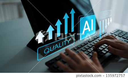 Hands typing on keyboard with digital graphics showing upward trends in quality and artificial intelligence cost reduction concepts in a modern workspace Gluon Hands typing on keyboard with digital graphics showing upward trends in quality and artificial intelligence cost reduction concepts in a modern workspace Gluon 135972757