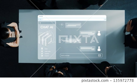 Innovative Chat AI Interface Projected on Table with Business Professionals Engaged in Conversation and Collaboration Around Modern Workspace. Raster 135972778