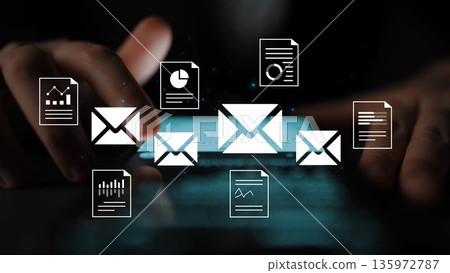 Hands Typing on a Smartphone Surrounded by Icons of Emails and Documents Representing Digital Communication and Data Management Gluon 135972787