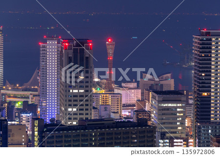 Hyogo Prefecture: Night view of Kobe Venus Bridge and Suwayama Park Observatory before dawn Hyogo Prefecture: Night view of Kobe Venus Bridge and Suwayama Park Observatory before dawn 135972806