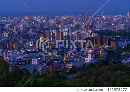 兵庫縣:黎明前神戶維納斯橋與諏訪山公園展望台的夜景 兵庫縣:黎明前神戶維納斯橋與諏訪山公園展望台的夜景 135972977
