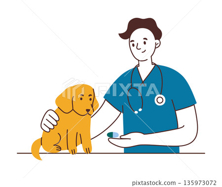 Veterinarian giving dog medicine pill during medical care and treatment. Flat cartoon vector illustration about pet health, veterinary help and animal illness, professional scene with pet doctor 135973072