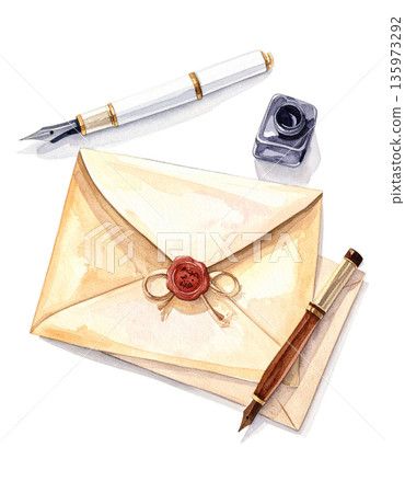 Lenormand Card "Letter" Antique-style letter watercolor illustration 2 representing announcements and contacts / Flyer and poster material 135973292