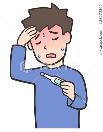 一名發燒的年輕人拿著體溫計 一名發燒的年輕人拿著體溫計 135973306