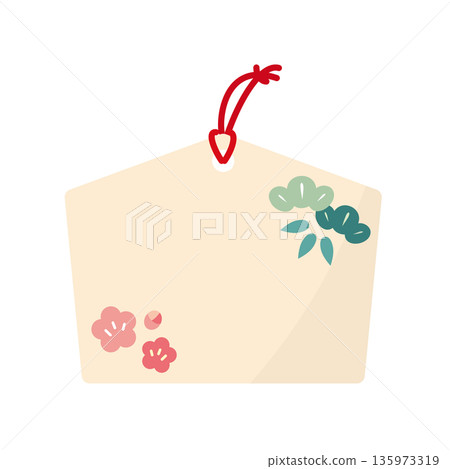 繪有鬆樹、竹子和梅花圖案的繪馬框。寓意吉祥的扁平化設計向量素材。 135973319