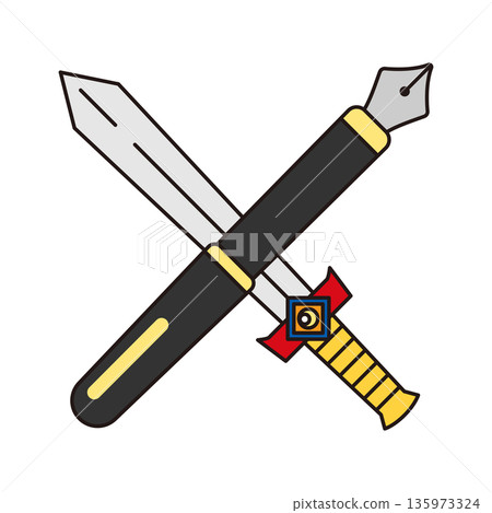 The pen is mightier than the sword: A line drawing of a fountain pen and a sword crossed 135973324