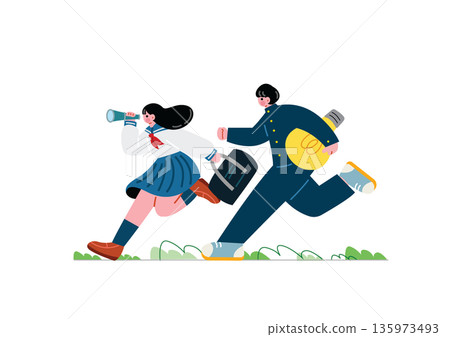 Male and female students running towards the goal 135973493