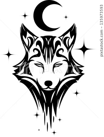 Tribal art tattoo mark of a moon and a wolf seen from the front. Tribal art tattoo mark of a moon and a wolf seen from the front. 135973593