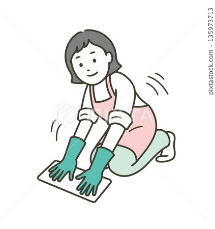 Illustration of a woman wearing an apron and rubber gloves wiping the floor with a rag 135973713