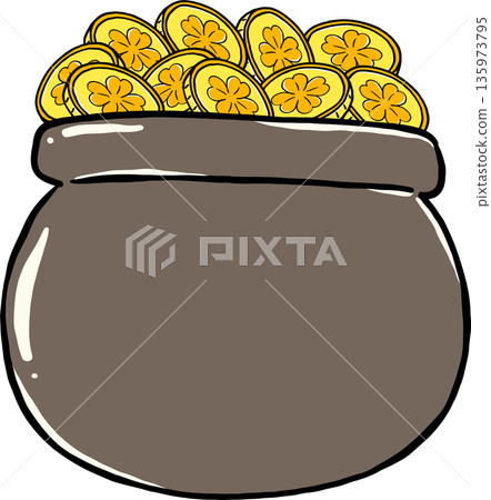 Pot of Gold Coins St Patrick Day Cartoon Hand Drawn Pot of Gold Coins St Patrick Day Cartoon Hand Drawn 135973795