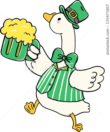 Cute Silly Goose St. Patrick day Wearing Leprechaun Holding Glass of Beer Hand Drawn Cute Silly Goose St. Patrick day Wearing Leprechaun Holding Glass of Beer Hand Drawn 135973807