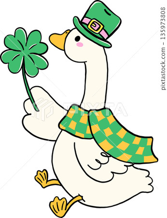 Cute Silly Goose St. Patrick day Wearing Leprechaun with Clover Lucky Leaf Hand Drawn Cute Silly Goose St. Patrick day Wearing Leprechaun with Clover Lucky Leaf Hand Drawn 135973808