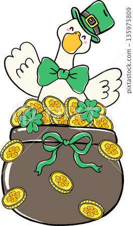 Cute Silly Goose St. Patrick day Wearing Leprechaun in Pot of Gold Coin Hand Drawn Cute Silly Goose St. Patrick day Wearing Leprechaun in Pot of Gold Coin Hand Drawn 135973809