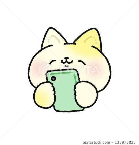 Smiling cat looking at smartphone 135973823