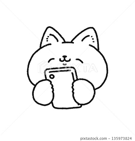 一隻微笑的貓看著智慧型手機的線條畫 135973824