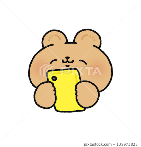 Smiling bear looking at smartphone 135973825