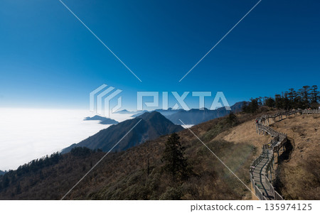 A long winding wooden walkway on the ridge of Jinfo Mountain (Jinfoshan) overlooking a vast sea of clouds and mountain peaks in Nanchuan District 135974125