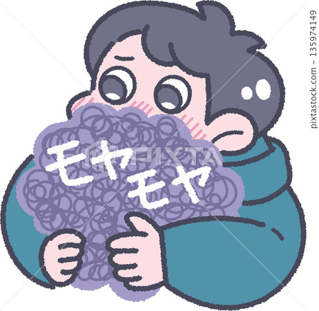 Illustration of a boy and his feelings - worries Illustration of a boy and his feelings - worries 135974149