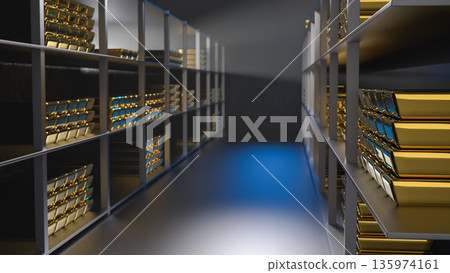 Generic gold reserve vault with stacks of gold bars. Bank vault with gold and cash. 3d rendering 135974161
