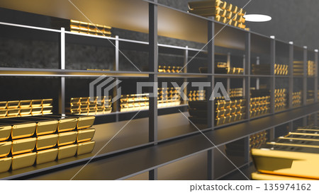 Generic gold reserve vault with stacks of gold bars. Bank vault with gold and cash. 3d rendering Generic gold reserve vault with stacks of gold bars. Bank vault with gold and cash. 3d rendering 135974162