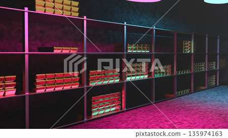 Generic gold reserve vault with stacks of gold bars. Bank vault with gold and cash. 3d rendering 135974163