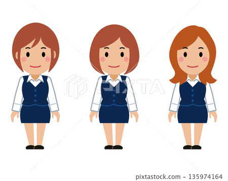 A young woman in a navy office uniform with her hands down and a straight face 135974164