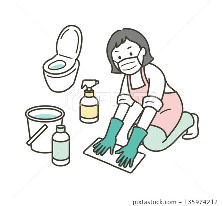 Full-body illustration of a housewife cleaning the toilet and taking disinfection measures Full-body illustration of a housewife cleaning the toilet and taking disinfection measures 135974212