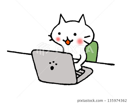 Illustration of a cute cat operating a computer and working on a computer Illustration of a cute cat operating a computer and working on a computer 135974362