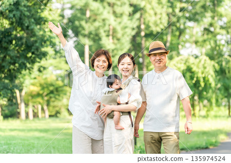 一家人在公園享受休閒時光,父母與孩子,三代同堂(母親、女兒、祖母、祖父) 一家人在公園享受休閒時光,父母與孩子,三代同堂(母親、女兒、祖母、祖父) 135974524