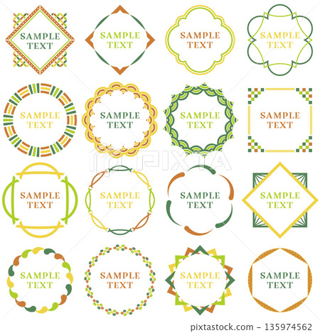 Japanese frame design with text. Modern and retro decorative material. Japanese style. Japan. New Year. Green. Yellow-green. Orange. Japanese frame design with text. Modern and retro decorative material. Japanese style. Japan. New Year. Green. Yellow-green. Orange. 135974562