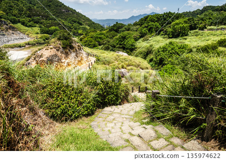 Trail view of Sulfur Valley Geothermal Scenic Area in Beitou of Taipei, Taiwan. Located within Yangmingshan National Park. 135974622