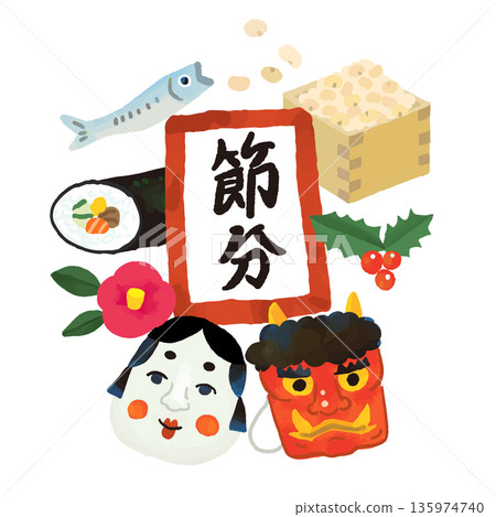 可愛的節分手繪集標題插圖 可愛的節分手繪集標題插圖 135974740